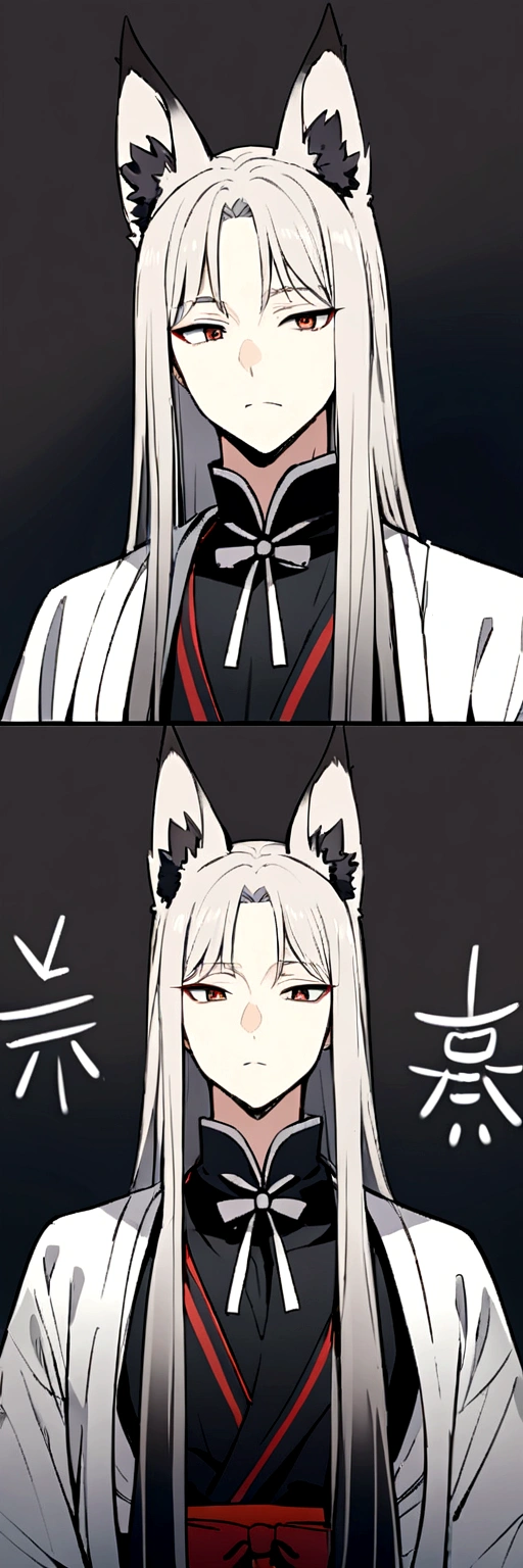 male、Fox、Animal Ears、Silver Hair、Long Hair、Japanese style、Bow drawing、1 person、High neck、Gradation