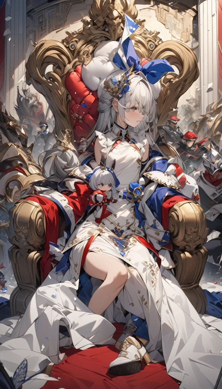 quality\(8K,非常に精細なCGユニットのwallpaper, masterpiece,High resolution,top-quality,top-quality real texture skin,Surreal,Increase the resolution,RAW Photos,最高quality,Very detailed,wallpaper\),BREAK,Alice in Wonderland, One Girl, Alice sitting on a gorgeous throne, Throne of Power, Very dense face, Spade family crest, BREAK、pure whiteの鎧を着てアリスに控える近衛兵, Mirage Knight, Disciplined Imperial Guard,pure whiteの王宮, Red carpet, Gold embroidery, pure white,