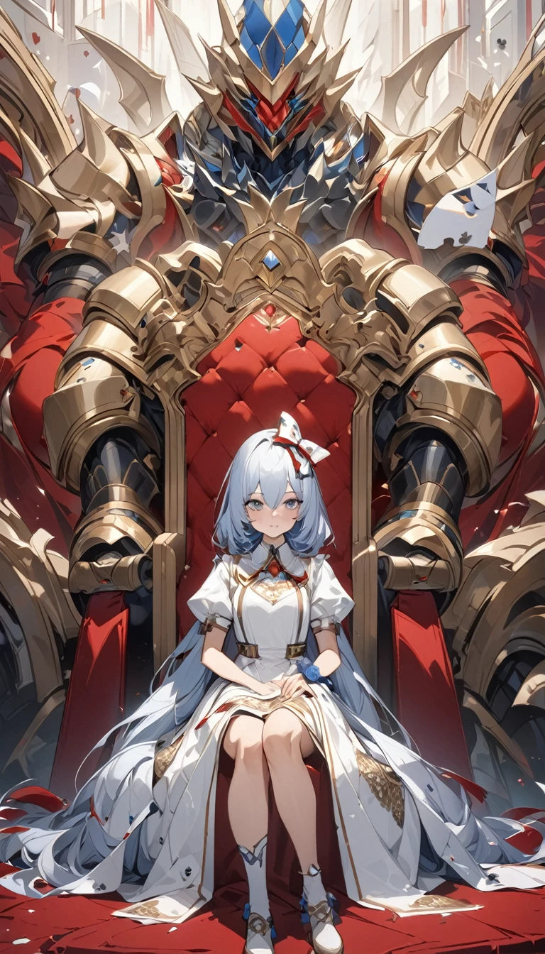 quality\(8K,非常に精細なCGユニットのwallpaper, masterpiece,High resolution,top-quality,top-quality real texture skin,Surreal,Increase the resolution,RAW Photos,最高quality,Very detailed,wallpaper\),BREAK,Alice in Wonderland, One Girl, Alice sitting on a gorgeous throne, Throne of Power, Very dense face, Spade family crest, BREAK、pure whiteの鎧を着てアリスに控える近衛兵, Mirage Knight, Disciplined Imperial Guard,pure whiteの王宮, Red carpet, Gold embroidery, pure white,