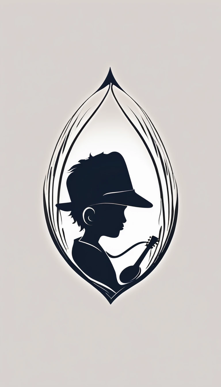A minimal, modern, simple, cinematic logo design for the brand “Penamemoria". The logotype of a boy with a head of a feather playing acoustic guitar. The logo must convey a sense of music, stories and dreams. Minimalistic logo design of a boy dissolving into a feather of dreams and memories