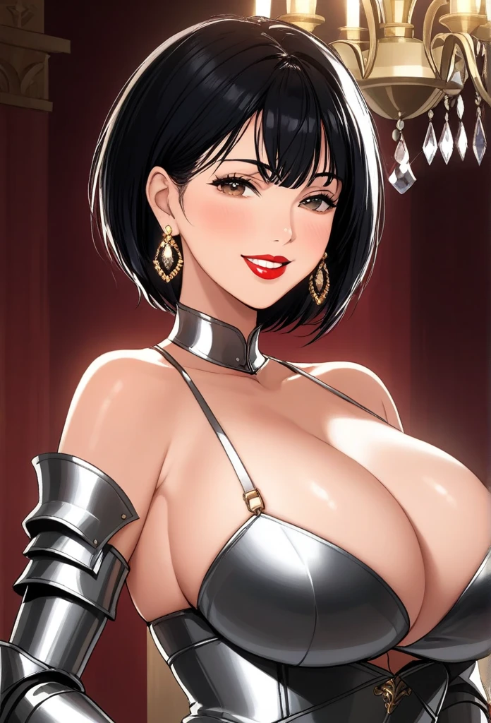 Hot sexy beautiful young milf mommy knight , chandelier earrings,big breasts, lipstick, smiling , black hair,short hair, metallic breasts ,shoulder ,armour,knight accessories , upper body