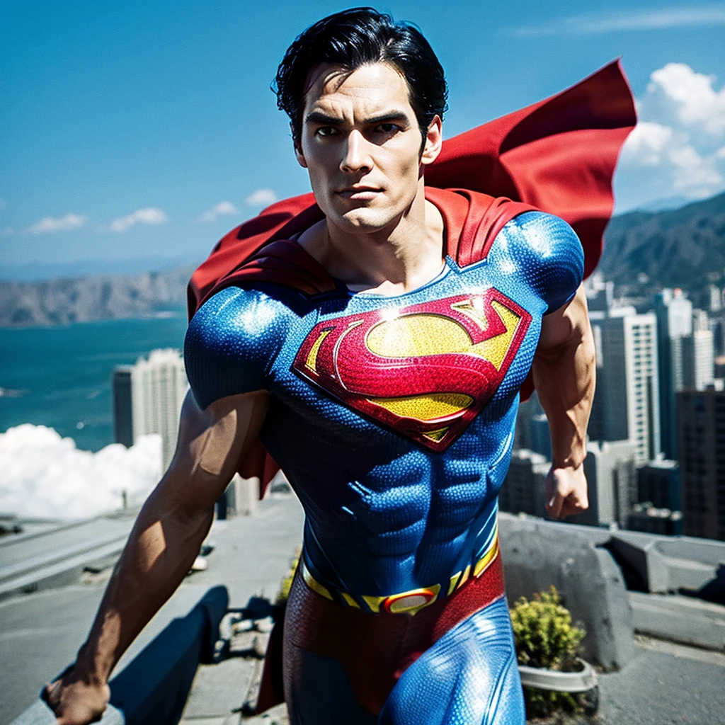 a muscular man with a chiseled jawline, blue eyes, and wavy black hair, wearing a tight blue and red superhero costume with a bold "S" symbol on the chest, flying through the sky with rippling cape, dramatic lighting, epic cinematic composition, photorealistic, 8k, high detailed, intricate, vivid colors, dramatic lighting, dramatic shadows, powerful, heroic, cinematic, inspiring, (best quality,4k,8k,highres,masterpiece:1.2),ultra-detailed,(realistic,photorealistic,photo-realistic:1.37)