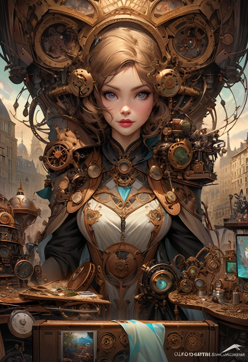 photo the (( )), wearing an elegant dress with steampunk items, today in Paris , intricate, elegant, Very detailed, digital paint, art station, conceptual art, seeds, sharp focus, ilu0.8ation, Art by Artgerm and Greg Rutkowski and Alphonse Mucha