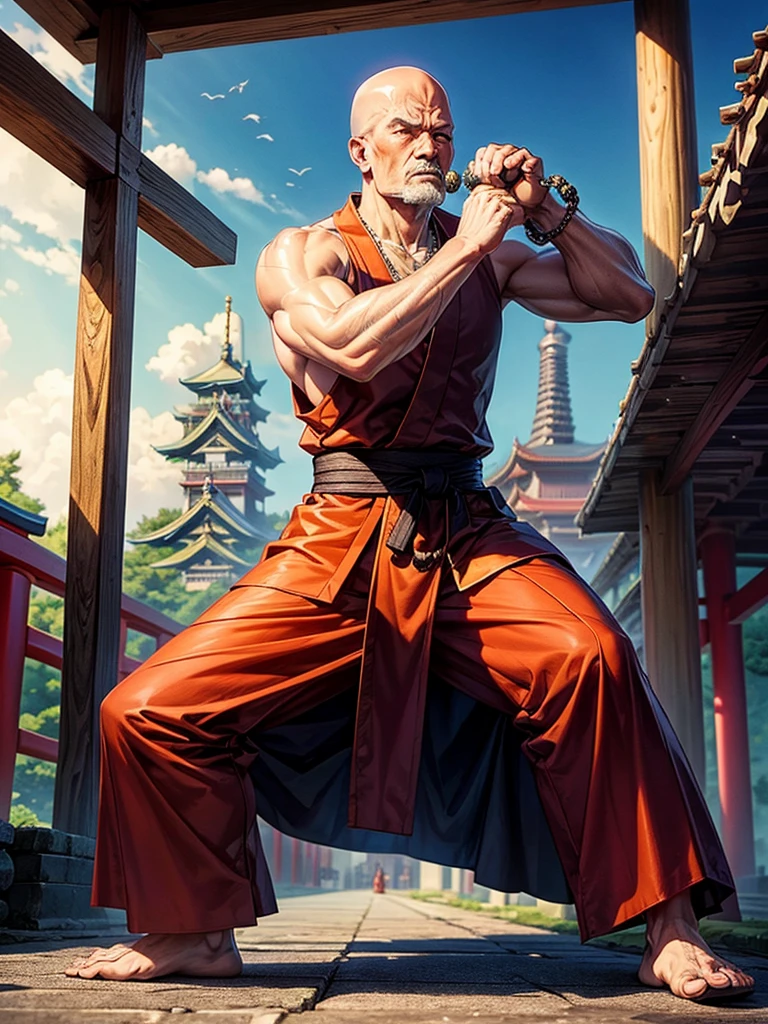 Highest quality,Highest Resolution,An old monk holding a rosary,Temple grounds,Japan,Skinhead,Crystal Jade,Kempo stance,Fighting Pose,