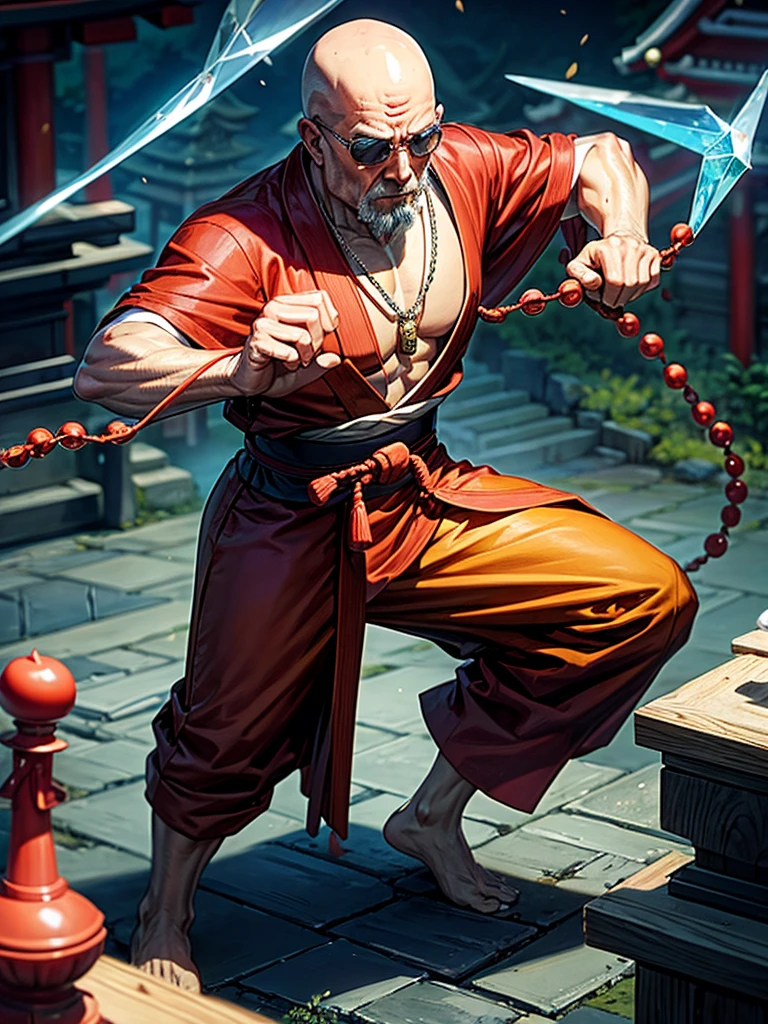 Highest quality,Highest Resolution,An old monk holding a rosary,Temple grounds,Japan,Skinhead,Crystal Jade,Kempo stance,Fighting Pose,