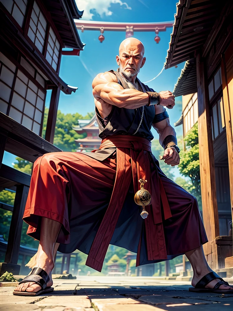 Highest quality,Highest Resolution,An old monk holding a rosary,Temple grounds,Japan,Skinhead,Crystal Jade,Kempo stance,Fighting Pose,