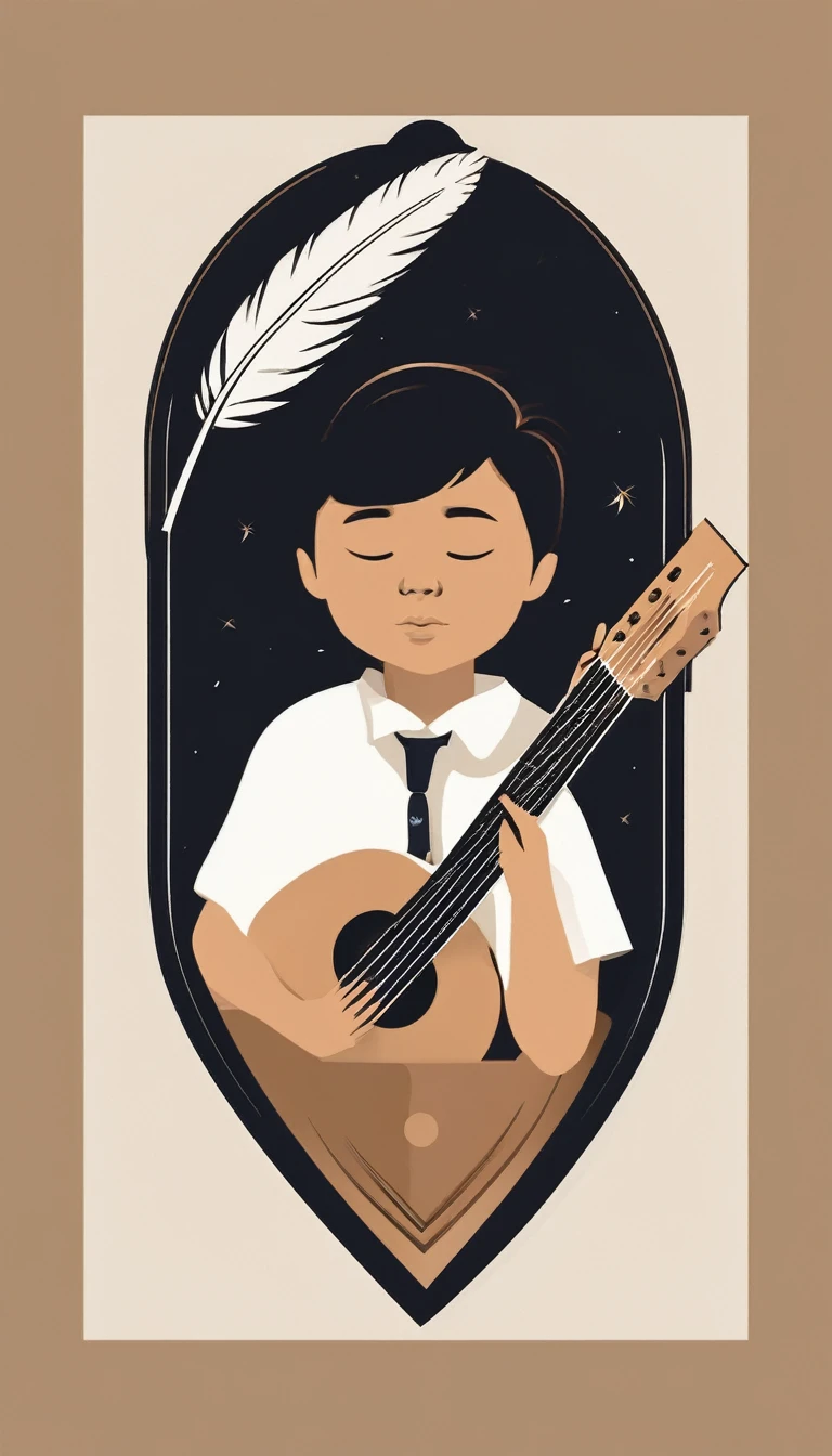 A minimal, modern, simple, cinematic logo design e of a boy holding an acoustic guitar with a head full of feathers for the brand “Penamemoria" .