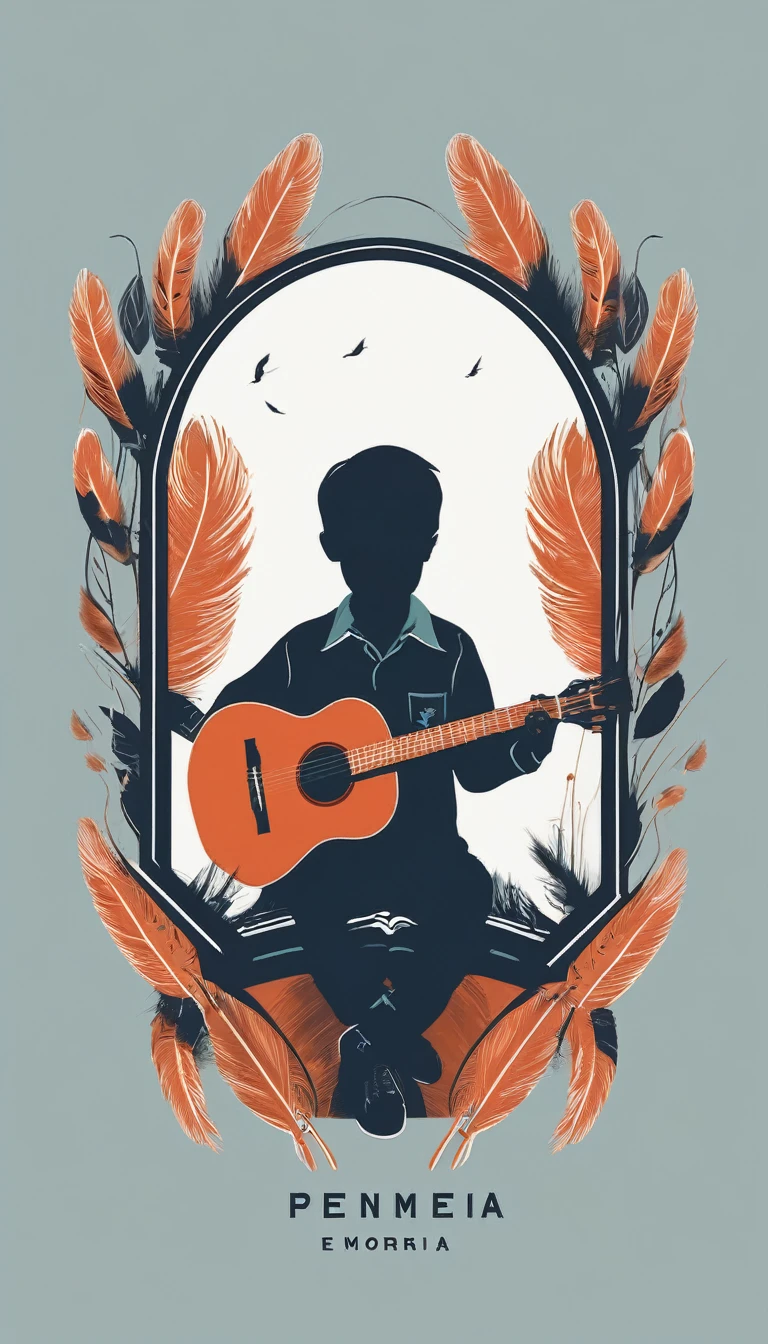 A minimal, modern, simple, cinematic logo design e of a boy holding an acoustic guitar with a head full of feathers for the brand “Penamemoria" .