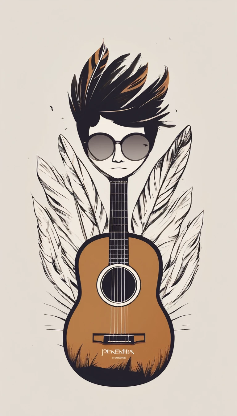 A minimal, modern, simple, cinematic logo design e of a boy holding an acoustic guitar with a head full of feathers for the brand “Penamemoria" .