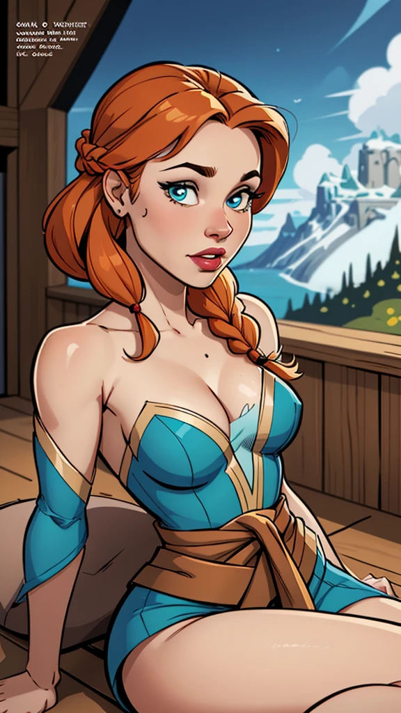 Compensation! Here is the revised and cleaner text:

--- Character: Queen Anna of Arendelle with battle scars.

Description: Cartoon image of a woman. Cartoon style illustration, with highly detailed character design. detailed digital art, showing courage and high quality portrait. 

characteristics:
- Portrait character design - Beautiful digital illustration - Comic art - Young girl with braided hair - Beautiful lined eyes - Medium-large bust and wonderful sexy clothes - Expression of sexual desire from waist to head ---