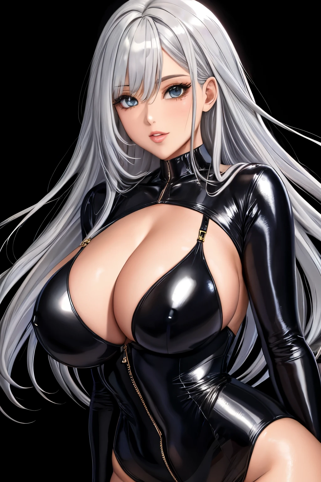 Silver Hair,Straight Hair,Bodysuits,Big Breasts,Shiny skin,Black Background