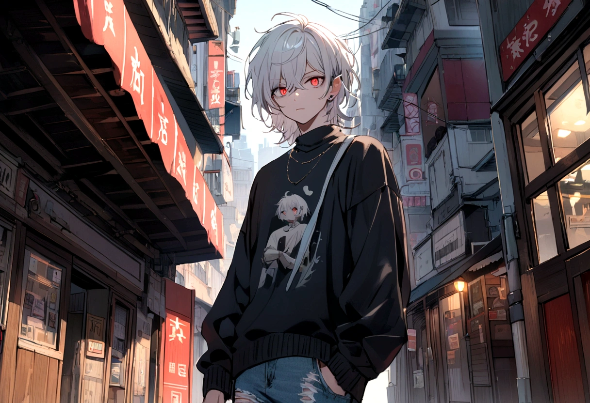 A guy with shoulder-length white hair and light red eyes.wore a black jumper, ripped red jeans and blue and white sneakers