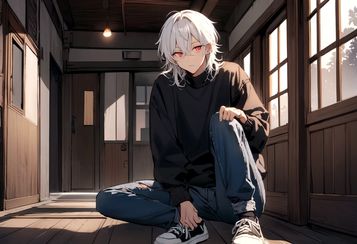 A guy with shoulder-length white hair and light red eyes.wore a black jumper, ripped red jeans and blue and white sneakers