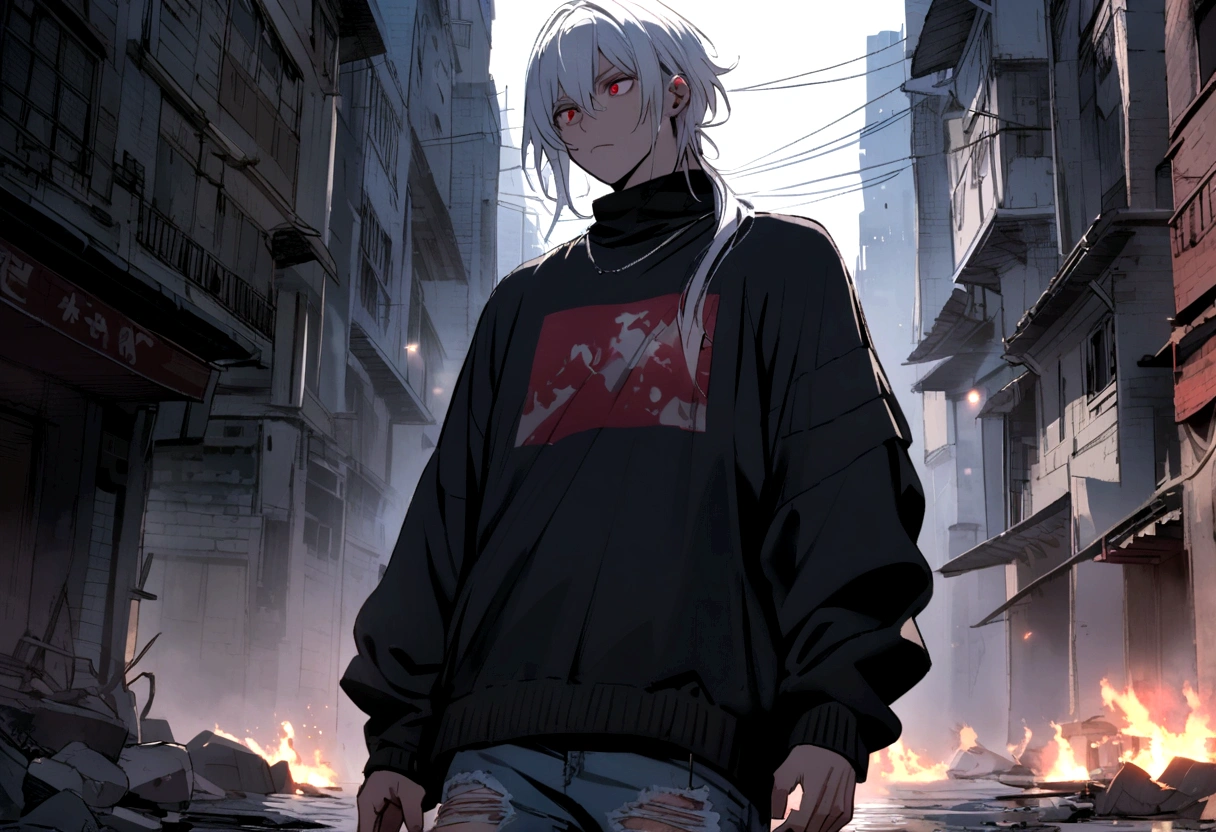 A guy with shoulder-length white hair and light red eyes.wore a black jumper, ripped red jeans and blue and white sneakers
