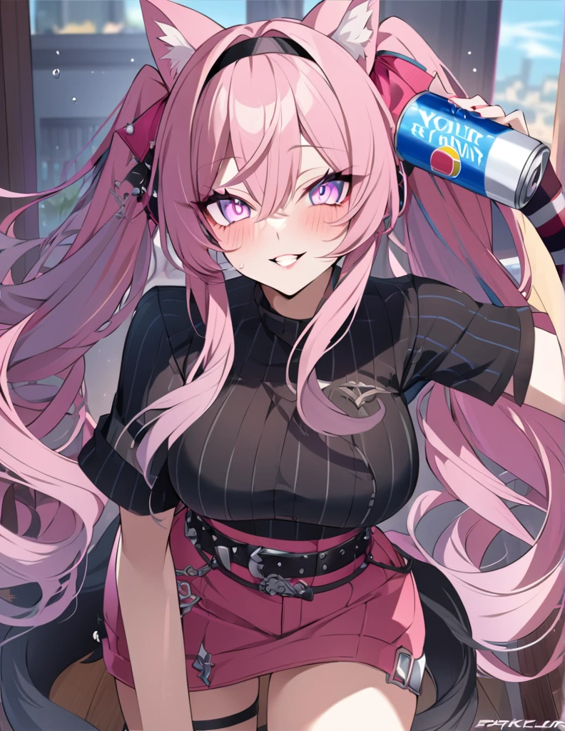 最high quality, (masterpiece),(ultra-detailed), (high quality), (High resolution), One girl, Animal earsの毛, Animal ears, artist name, bangs, belt, blush, chest, chestの谷間, Clothing cutouts, Grin, Hair between the eyes, hair band, Holding a can, large chest, Long Hair, View your viewers, Lunaria Yaren, multicoloRedhead, Open your mouth, Part your lips, Pink Eyes, Pink Hair, Redhead, alone, spikeカラー, spike, Striped gloves, tail, Knee socks, twintails, Upper Body, very Long Hair