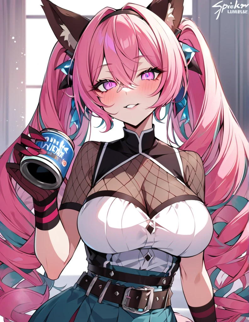 最high quality, (masterpiece),(ultra-detailed), (high quality), (High resolution), One girl, Animal earsの毛, Animal ears, artist name, bangs, belt, blush, chest, Chest cleavage, Clothing cutouts, Grin, Hair between the eyes, hair band, Holding a can, large chest, Long Hair, View your viewers, Lunaria Language, multicoloRedhead, Open your mouth, Part your lips, Pink Eyes, Pink Hair, Redhead, alone, spike color, spike, Striped gloves, tail, Knee socks, twintails, Upper Body, very Long Hair