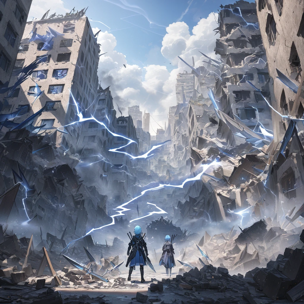 ((highest quality)), ((masterpiece)), (detailed)), a scene blue hair blue eye emission multiple knives with lightning vs shadow creatures Smoke in a rubble and destroyed city