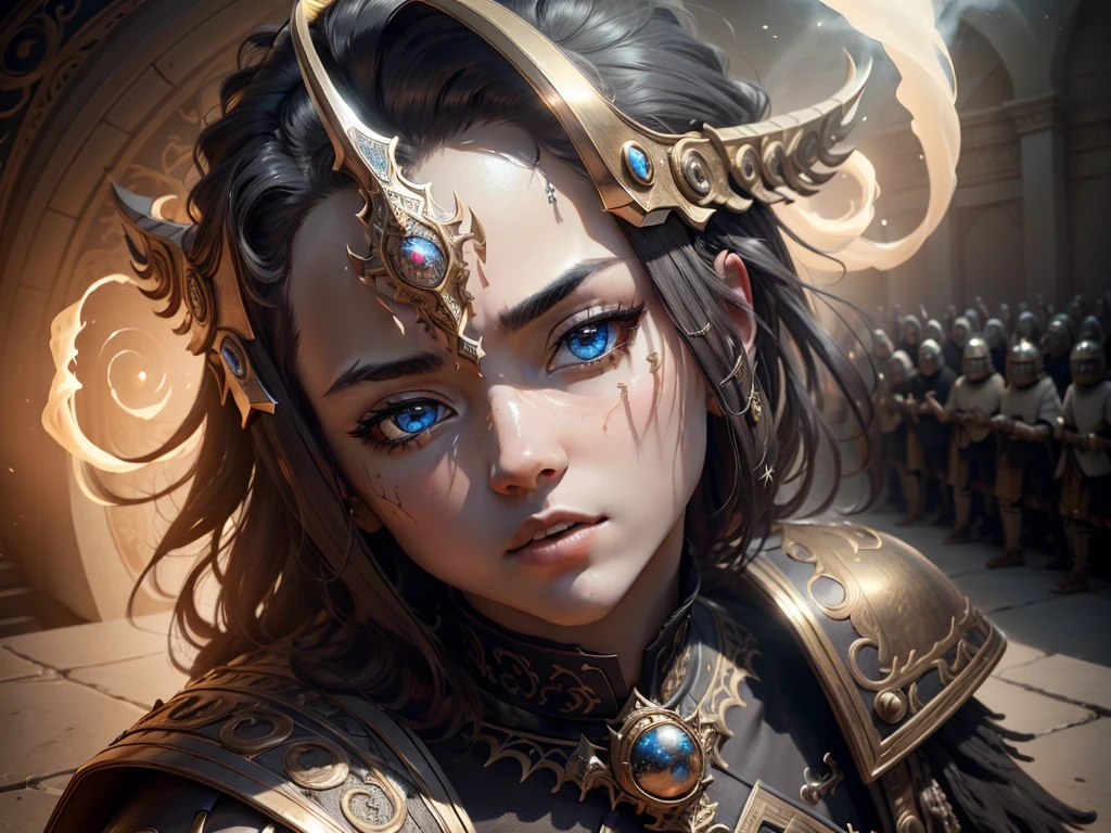 ((realisitic)), tomada movie theatertográfica, movie theater, photo referenced, 8 k quality, (detailed face and eyes:1.1), A huge knight wearing ancient Japanese black armor, ((intricate helmet)), Face mask armor, ((eyes large)), Black Sclera, blue colored eyes, underground dispersal, intricate (highest detail), ((cute)), (skin detailed:1.1, (with highest quality) ), shining skin, fotorrealism, iluminação realisitic, magical circles, bleached smoke in the background,