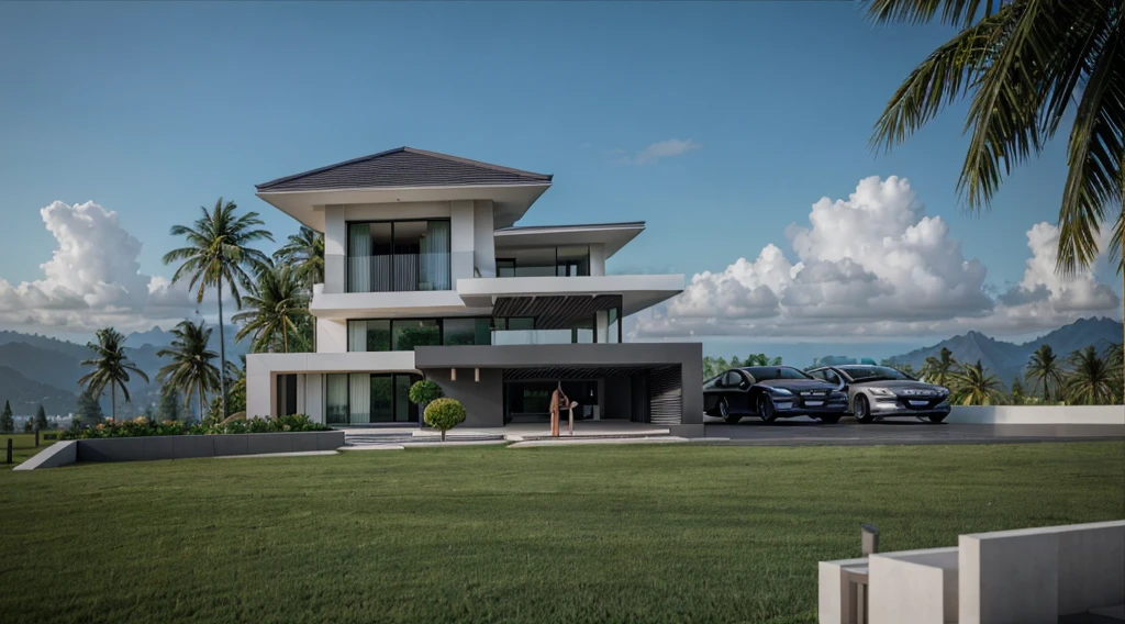 arafed view of a modern villa ,  noon time, a green grass, green landscape, coconut tree, cars, architectural render, architectural visualization, architectural rendering, large modern residence, architectural 3 d render, award-winning render, stunning render, modern, realistic, interior architecture, Art Deco, depth of field, motion blur, cinematic lighting, vignetting, highres, high quality, high details, masterpiece