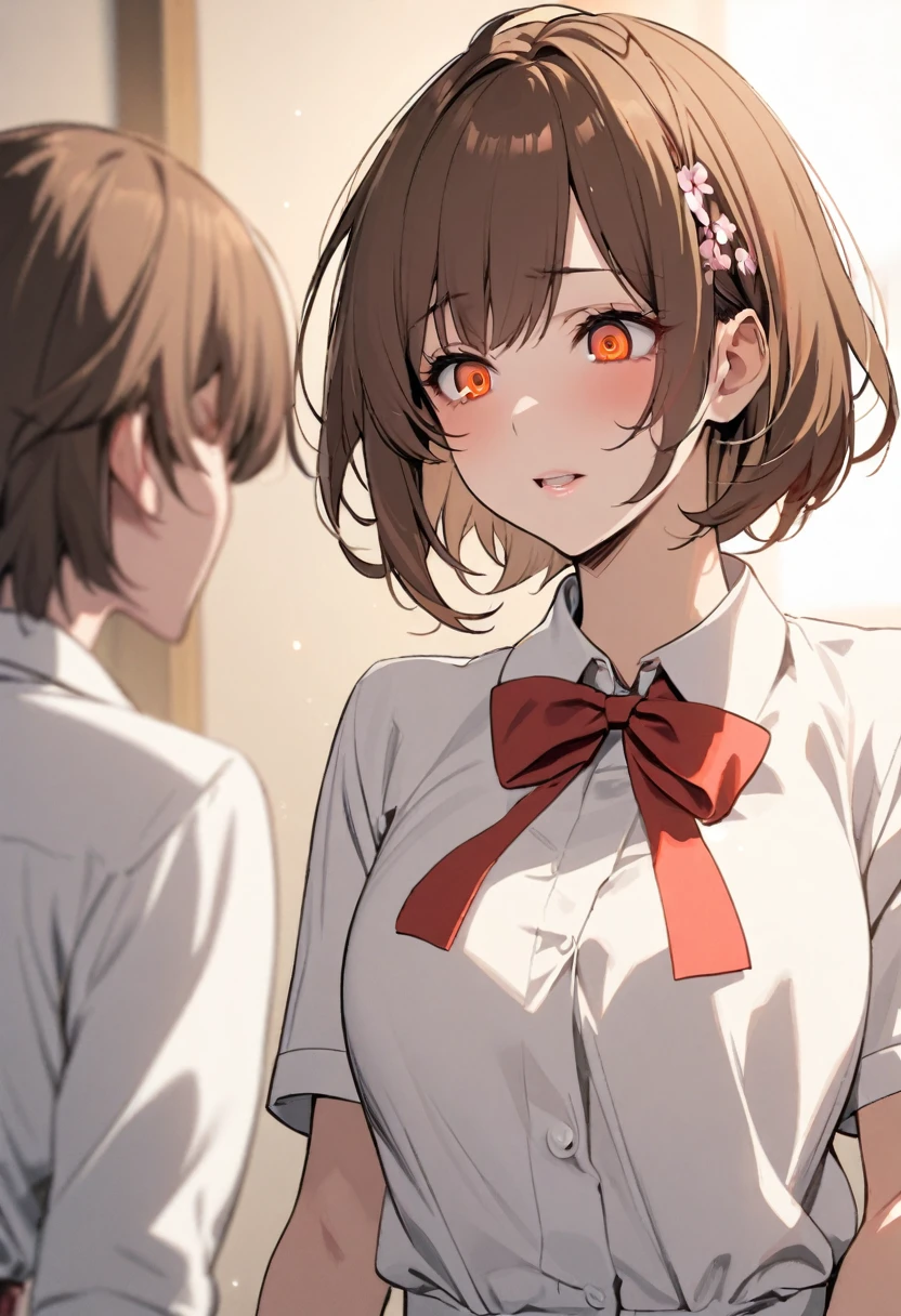 girl, brown hair, orange eyes, red bow on hair, short hair, yandere, beautiful, mature