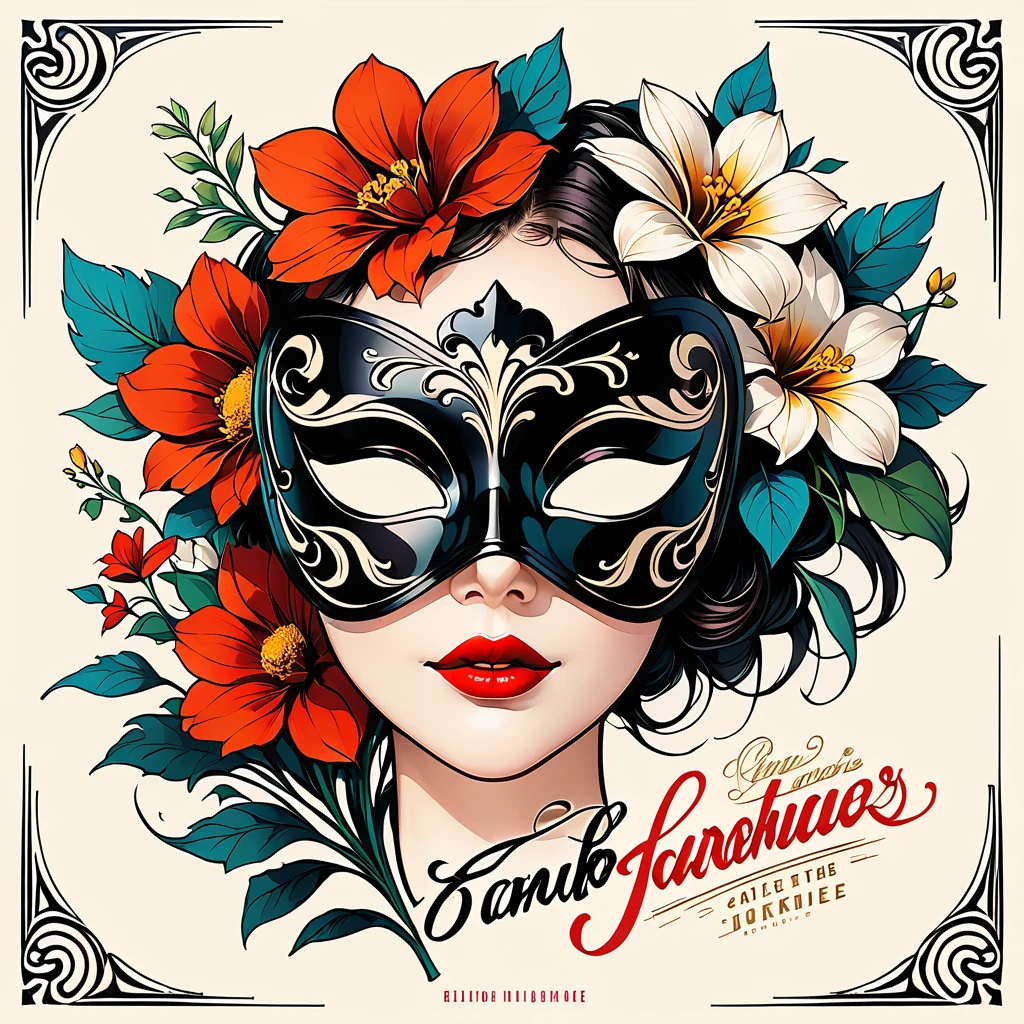 black lines contour,retro,Logo design,illustrator,Flower-filled masks