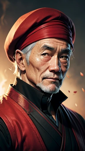 alone、Oriental、He wore a red vest over his kimono.、((Old Japanese man))、Highest quality、masterpiece、Ultra-high resolution、(Realistic:1.4)、Game Poster、Crisp and beautiful image quality、Sixtieth birthday man,He wore a large plain red beret that loosely covered his head like a turban.、Smiling and looking at camera、