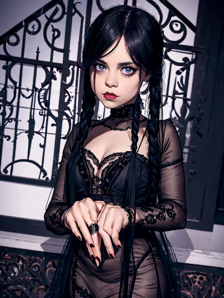 Full body in frame (best quality,4k,8k,highres,masterpiece:1.2),ultra-detailed,realistic,dark,portrait,Wednesday Addams,beautiful,detailed eyes,beautiful,detailed lips,extremely detailed eyes and face,long eyelashes,vibrant colors,gothic style,contrast,moody atmosphere,darker hues,dramatic lighting,Jenna Ortega,2 girls,dressed in black,black dress,classic Addams Family look,garden background,haunted mansion,ominous clouds,foggy,whimsical setting,creepy yet captivating,spooky charm,dynamic composition, bare foot ,silk lingerie