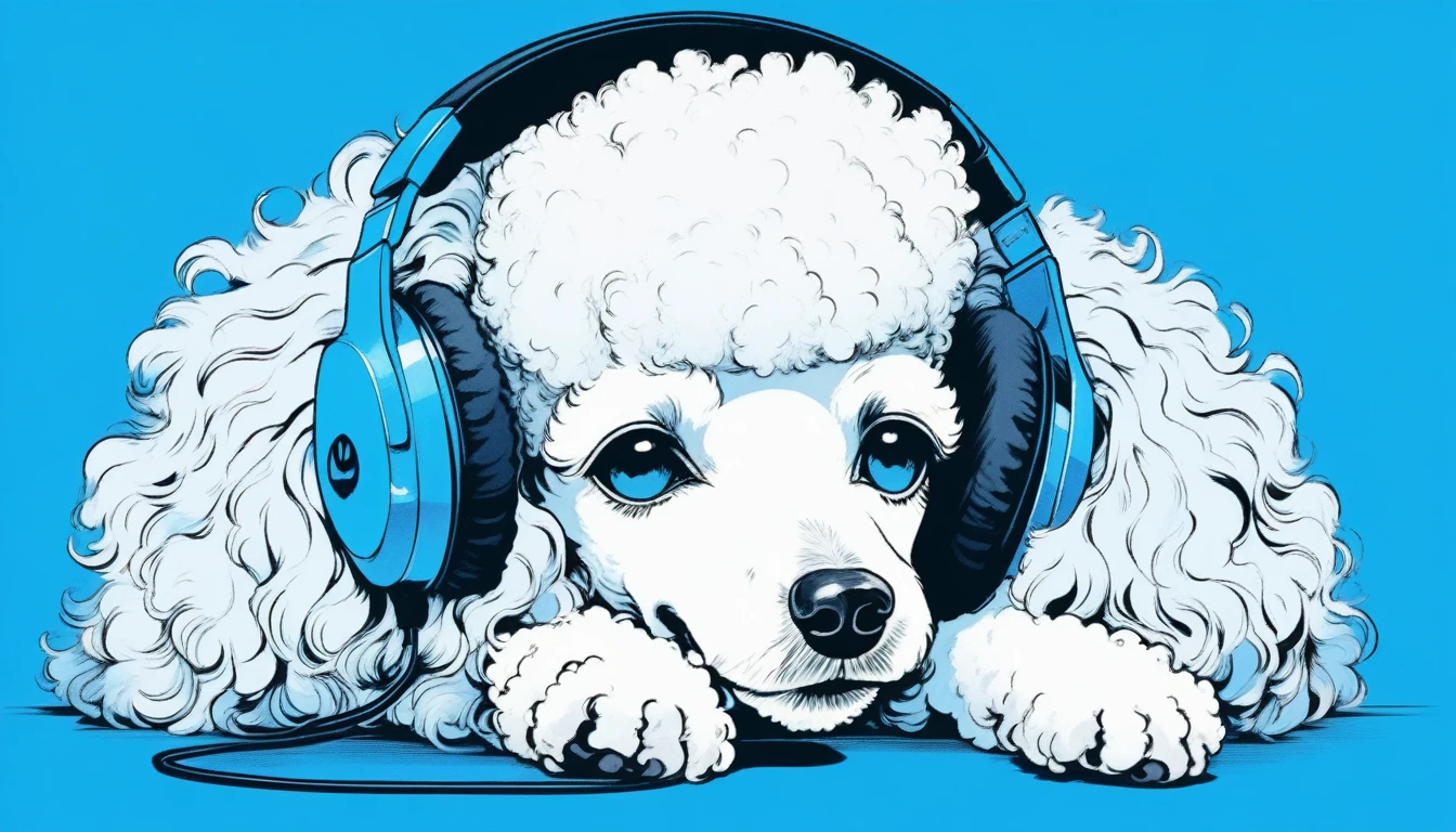 Illustrator, anime , Realistic ,sketch , Poodle with headphones, smile,Lying face down,lip, T-shirt,order,Textured Trim, (masterpiece,Highest quality) Blue background, Neon Hair,Textured Trim, Canadian, (masterpiece,Highest quality) Cancer,