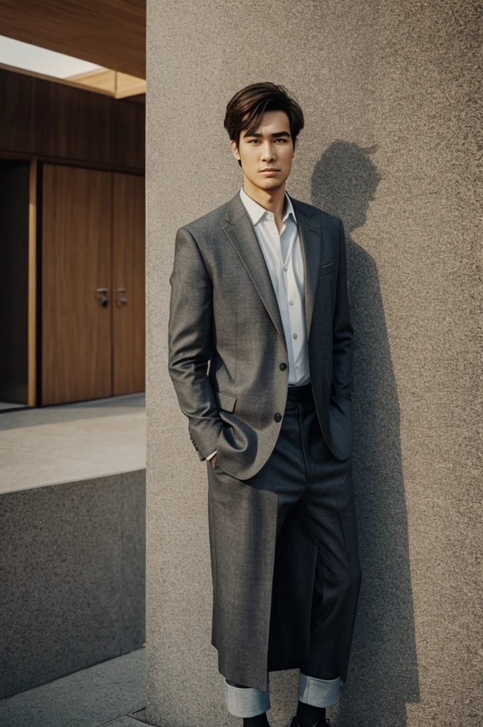 The guy is tall and has a square face
