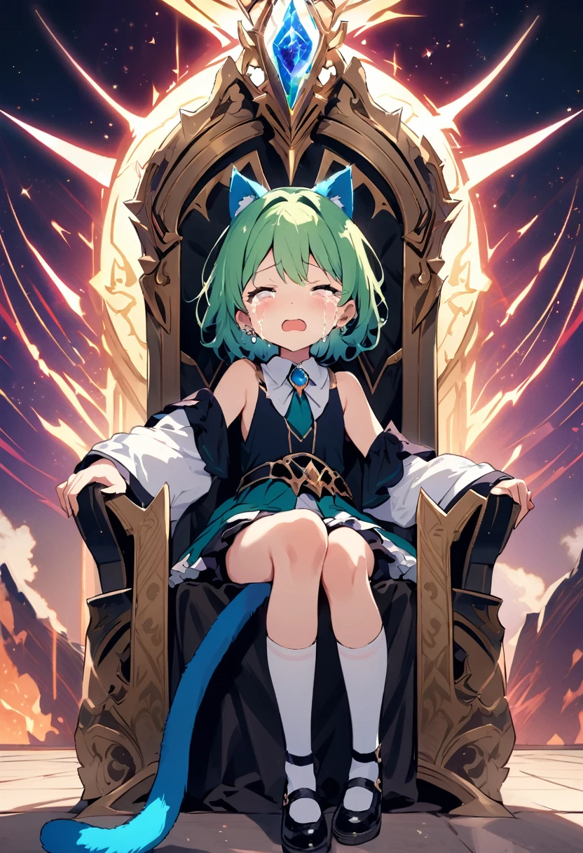 masterpiece, Highest quality, Illustration of the novel, High resolution, 18+ Adult content, Sensual, Intimate, Emotional, Passionate, romantic, sweet, Adorable, Innocent, Pure, Fascinating, Fascinatingな, Charm, mysterious, Fascinatingな, Fascinating, Immersive, Fascinatingな, dream-like, Surreal, Imaginative, Whimsical, Artistic, Avant-garde, timeless, elegant, Sophisticated, chic, Sophisticated, personality, original, Fascinatingな,One Girl,Deltamon_beta, alone, blue eyes, Knee socks, Animal ears, Bare shoulders, Blue Tail, Earrings,Removable sleeves, Green Hair, Sleeveless, Cat ear, bag, white Knee socks, Cat&#39;tail,pink backpack,Pink school bag,Lavender lace: Lavender Peter Pan collar lace dress, Paired with ivory tights and Mary Jane shoes.,Cherry-blossom viewing, azalea, satsuki, azalea blizzard,
rest ((Avoidance method ((子Cat)), Crying face)),((Throne of Power,Throne of Power:1.3))