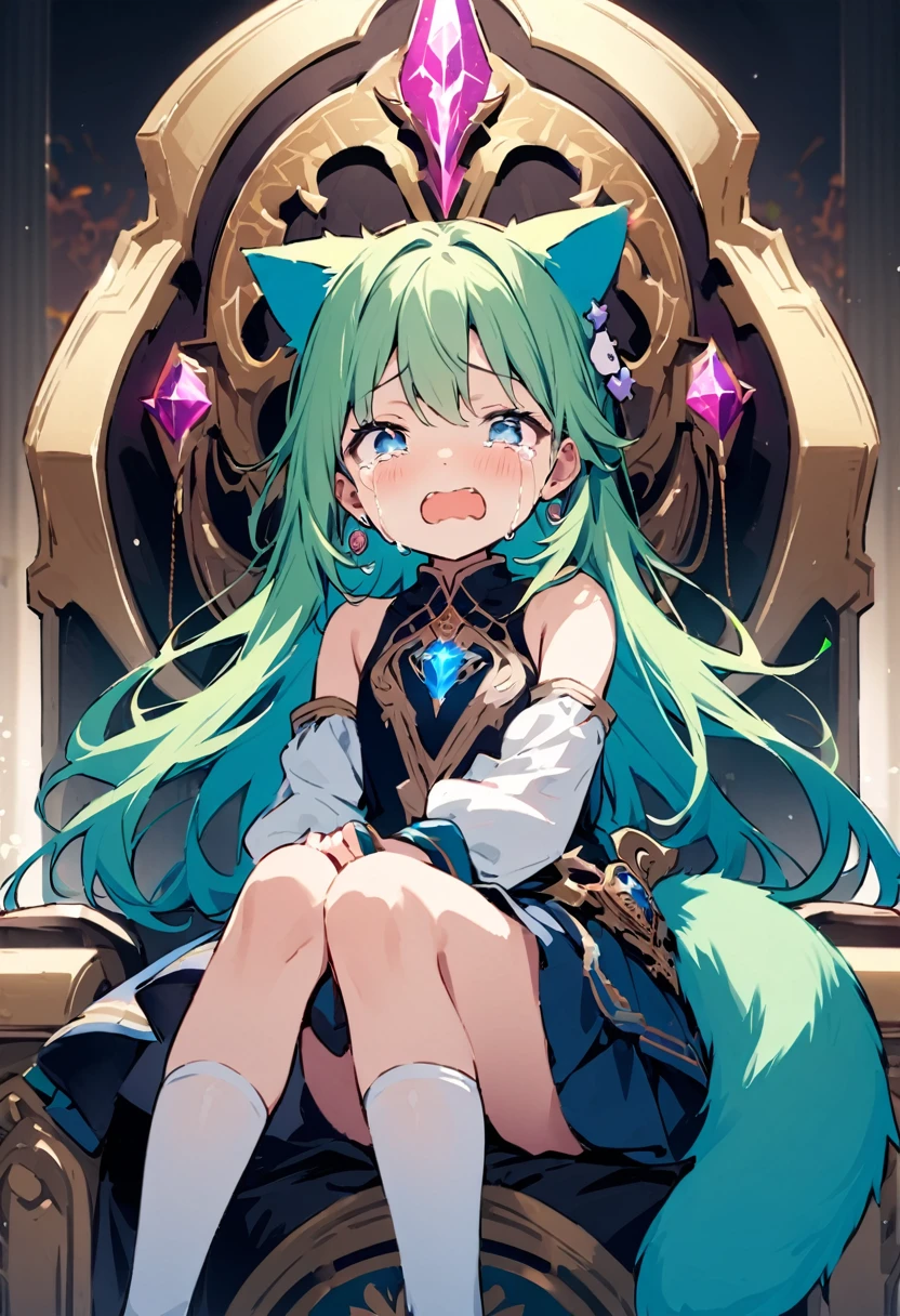 masterpiece, Highest quality, Illustration of the novel, High resolution, 18+ Adult content, Sensual, Intimate, Emotional, Passionate, romantic, sweet, Adorable, Innocent, Pure, Fascinating, Fascinatingな, Charm, mysterious, Fascinatingな, Fascinating, Immersive, Fascinatingな, dream-like, Surreal, Imaginative, Whimsical, Artistic, Avant-garde, timeless, elegant, Sophisticated, chic, Sophisticated, personality, original, Fascinatingな,One Girl,Deltamon_beta, alone, blue eyes, Knee socks, Animal ears, Bare shoulders, Blue Tail, Earrings,Removable sleeves, Green Hair, Sleeveless, Cat ear, bag, white Knee socks, Cat&#39;tail,pink backpack,Pink school bag,Lavender lace: Lavender Peter Pan collar lace dress, Paired with ivory tights and Mary Jane shoes.,Cherry-blossom viewing, azalea, satsuki, azalea blizzard,
rest ((Avoidance method ((子Cat)), Crying face)),((Throne of Power,Throne of Power:1.3))