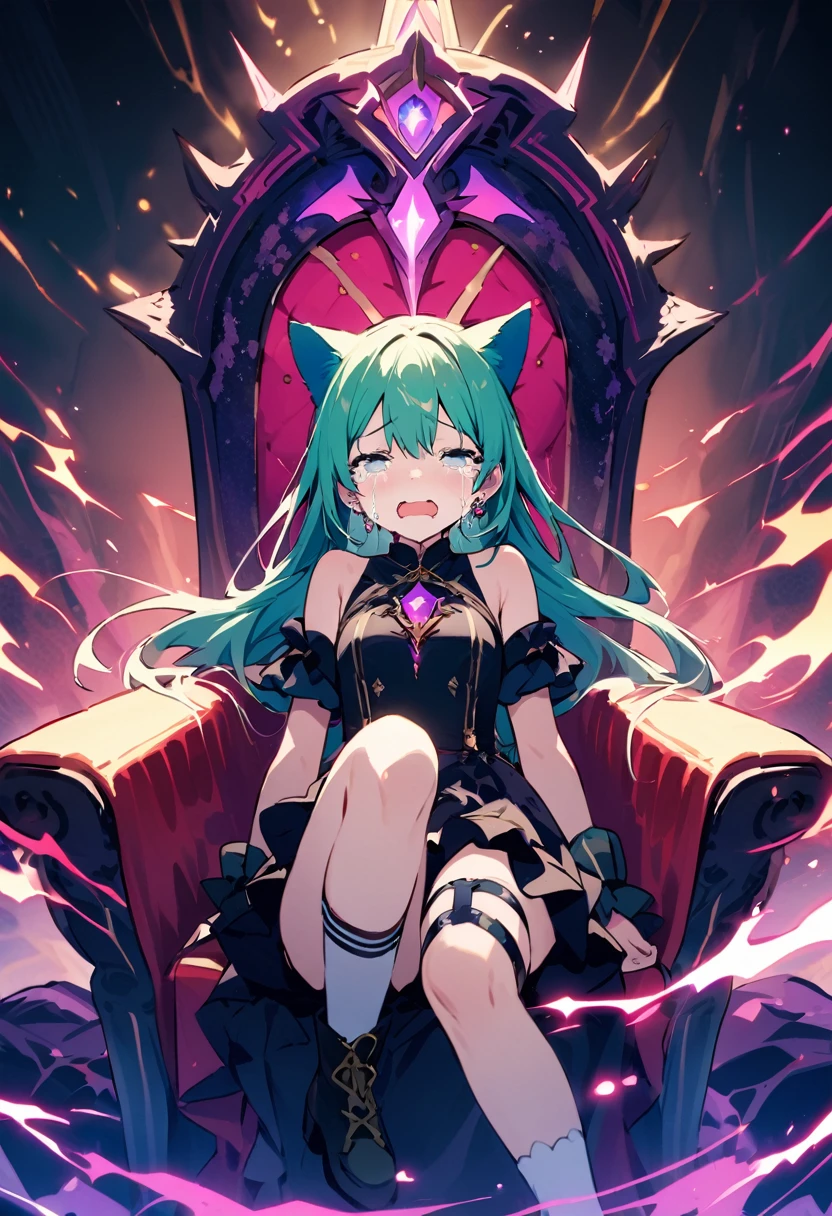 masterpiece, Highest quality, Illustration of the novel, High resolution, 18+ Adult content, Sensual, Intimate, Emotional, Passionate, romantic, sweet, Adorable, Innocent, Pure, Fascinating, Fascinatingな, Charm, mysterious, Fascinatingな, Fascinating, Immersive, Fascinatingな, dream-like, Surreal, Imaginative, Whimsical, Artistic, Avant-garde, timeless, elegant, Sophisticated, chic, Sophisticated, personality, original, Fascinatingな,One Girl,Deltamon_beta, alone, blue eyes, Knee socks, Animal ears, Bare shoulders, Blue Tail, Earrings,Removable sleeves, Green Hair, Sleeveless, Cat ear, bag, white Knee socks, Cat'tail,pink backpack,Pink school bag,Lavender lace: Lavender Peter Pan collar lace dress, Paired with ivory tights and Mary Jane shoes.,Cherry-blossom viewing, azalea, satsuki, azalea blizzard,
rest ((Avoidance method ((子Cat)), Crying face)),((Throne of Power,Throne of Power:1.3))