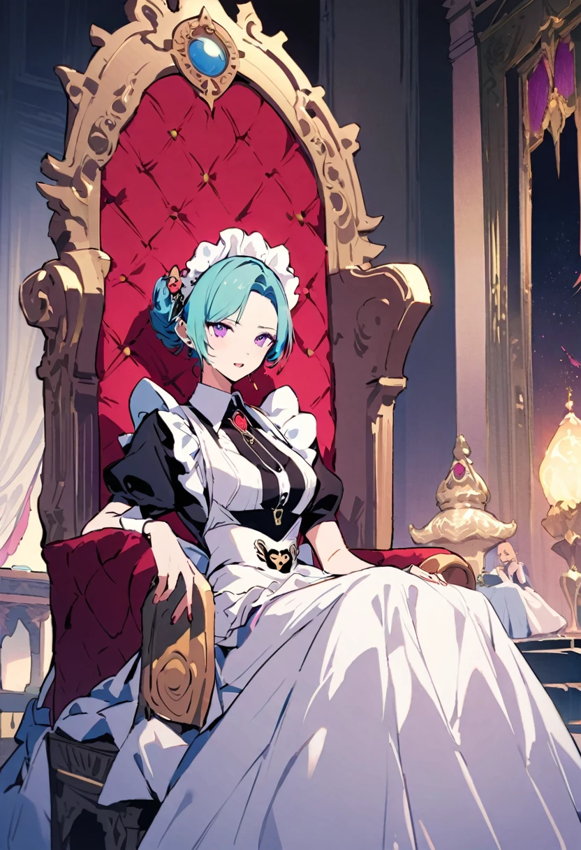 masterpiece, Highest quality, Illustration of the novel, High resolution, 18+ Adult content, Sensual, Intimate, Emotional, Passionate, romantic, sweet, Adorable, Innocent, Pure, Charmな, Charmな, Charm, mysterious, Charmな, Charmな, Immersive, Charmな, dream-like, Surreal, Imaginative, Whimsical, Artistic, Avant-garde, timeless, elegant, Sophisticated, chic, Sophisticated, personality, original, Charmな,((Maid clothes:1.3)),((Throne of Power,Throne of Power:1.3))((Upper Body:1.3))