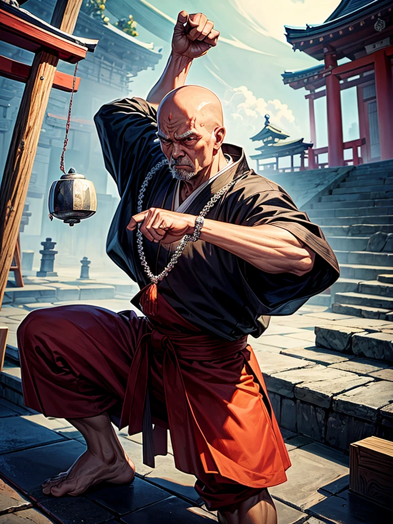 Highest quality,Highest Resolution,An old monk holding a rosary,Temple grounds,Japan,Skinhead,Crystal Jade,Kempo stance,Fighting Pose,