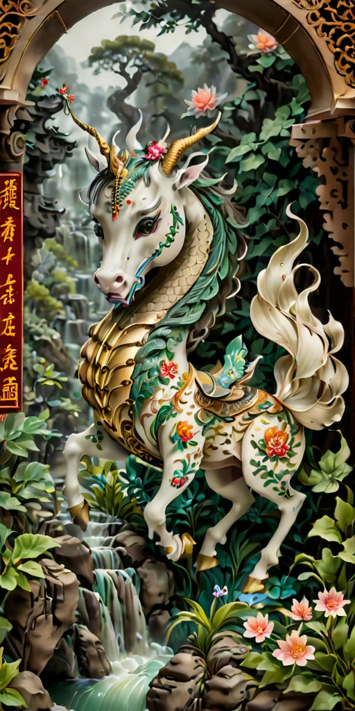 A high-resolution watercolor painting, rich in intricate details and steeped in Chinese culture. The focal point is a majestic and strong Chinese unicorn, large and imposing, depicted with flowing mane and powerful stance. Surrounding the unicorn are elements of traditional Chinese art, including delicate floral patterns, ancient symbols, and ornate designs. The background is filled with lush landscapes, serene water bodies, and traditional Chinese architecture, all rendered with fine brushstrokes. The colors are vibrant yet harmonious, capturing the essence of the culture and the mythical creature in a realistic style.