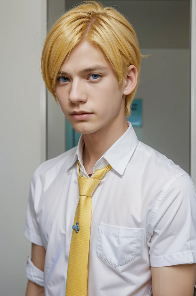 an anime boy with yellow hair blue eyes white shirt and red tie