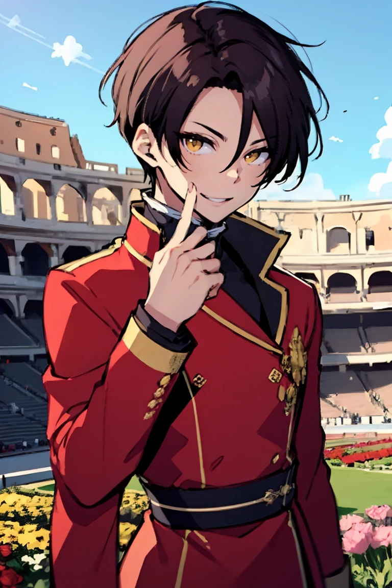 (masterpiece, best quality:1.2), hui xiyi,1boy,hair between eyes,looking at viewer,sash,short hair,solo,yellow eyes, chinese clothes, rekkyo sensen,forehead,short eyebrow, red jacket, black underwear, hand up, index finger raised, background((sky, blue sky, colosseum, stage, flower, flower garden))