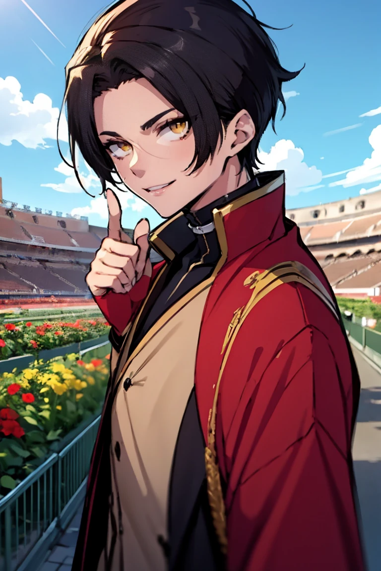 (masterpiece, best quality:1.2), hui xiyi,1boy,hair between eyes,looking at viewer,sash,short hair,solo,yellow eyes, chinese clothes, rekkyo sensen,forehead,short eyebrow, red jacket, black underwear, hand up, index finger raised, background((sky, blue sky, colosseum, stage, flower, flower garden))