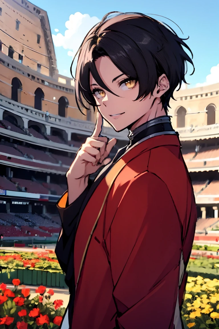 (masterpiece, best quality:1.2), hui xiyi,1boy,hair between eyes,looking at viewer,sash,short hair,solo,yellow eyes, chinese clothes, rekkyo sensen,forehead,short eyebrow, red jacket, black underwear, hand up, index finger raised, background((sky, blue sky, colosseum, stage, flower, flower garden))