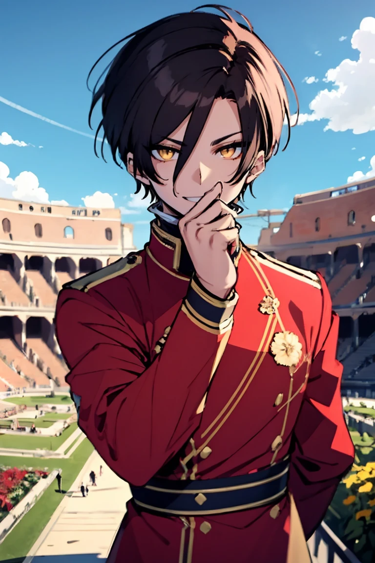 (masterpiece, best quality:1.2), hui xiyi,1boy,hair between eyes,looking at viewer,sash,short hair,solo,yellow eyes, chinese clothes, rekkyo sensen,forehead,short eyebrow, red jacket, black underwear, hand up, index finger raised, background((sky, blue sky, colosseum, stage, flower, flower garden))