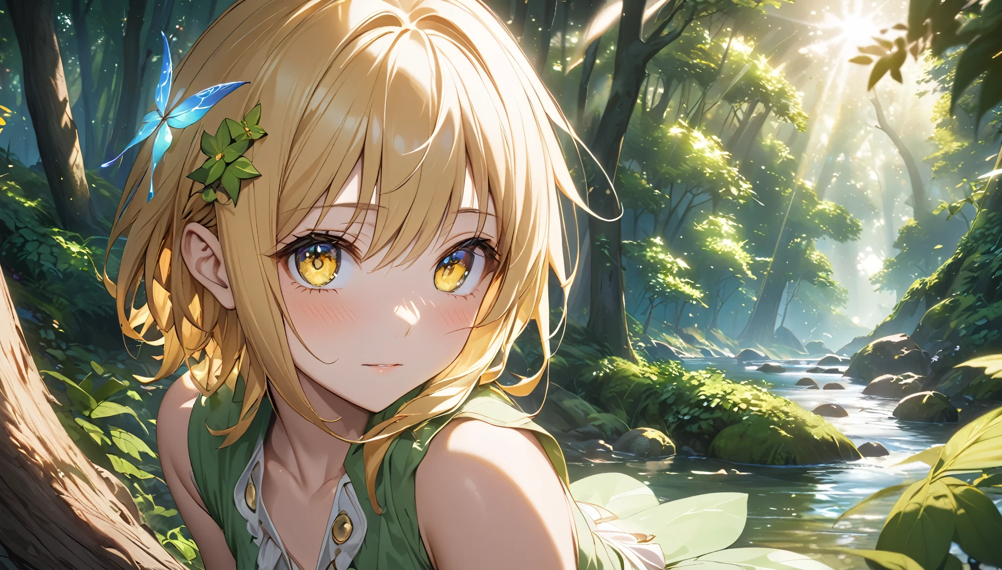 （8K，masterpiece，Highest quality），Hyper Detail，Primary forest，Golden hair shortcut、A fairy girl with a fleeting expression、Sunlight filtering through the trees、river、Highly detailed face、pupil、whole body