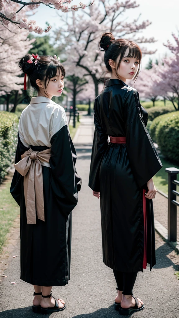 ((masterpiece,best quality)),2girls, black kimono, black legwear, black ribbon, black hair, cherry blossoms, day, flower, hair bun, hair ribbon, japanese clothes, kimono, long hair, looking at viewer, looking back, multiple girls, obi, outdoors, red eyes, red hair, ribbon, sandals, single hair bun, stairs, standing, statue, torii, tree, white miniskirt, yellow eyes