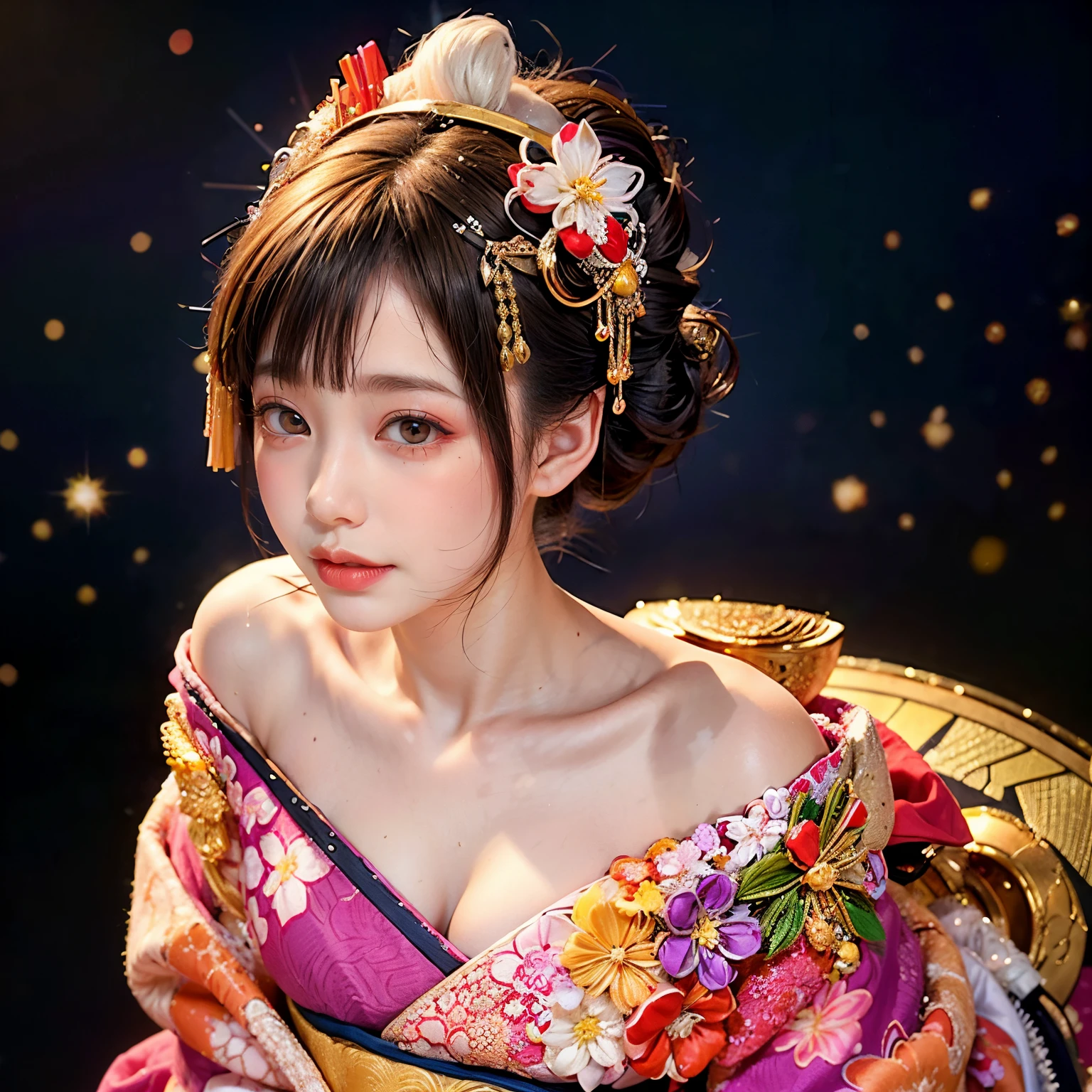 (PUNIPUNI clavicle KIMONO ((offshoulder)) KANZASHI FlowerHairpins Topknot TwinBun Oiran-Hair)High-level, 8K Masterpiece TopQuality, Ultra-detailed CG, Absurd detailed wallpaper, PerfectLighting, Extremely detailed (((Personifying " OIRAN " as a KAWAII Girl))), Characteristic Items, aesthetic LifeLike Rendering, MysticSight, Haze Tyndall Scattering, (Studio DARK Background with (Oodles Dazzling Iridescent 🌈Particles (BokeH))), (((Assfocus)) RoundlyButt) ThighGap, (Exposed:0.44) 🔞 BREAK (Acutance:0.8), (NOGIZAKA FaceVariations) Extremely Detailed very KAWAII FaceVariations, Childish CaptivatingGaze ElaboratePupils ParfectEyes with (SparklingHighlights:1.28), (Voluminous LongEyelashes:0.88), 💄💋✨ GlossyRedLips with BeautifulDetails, CoquettishTongue, PUNIPUNI RosyCheeks, Radiant PearlSkin with Transparency, Glowing DowneyHair . { (Dynamic LifeLike expressions:1.4) | (:d) }, (large eyes:-1) .