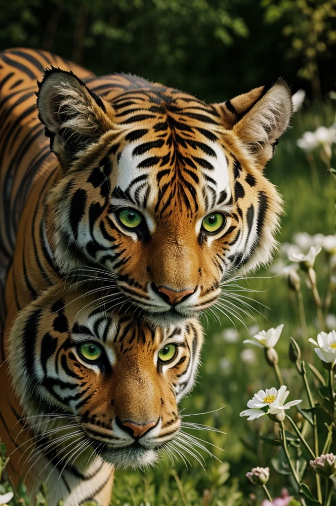 Chat tigré avec des yeux verts, dans un champs de fleurs en 8k