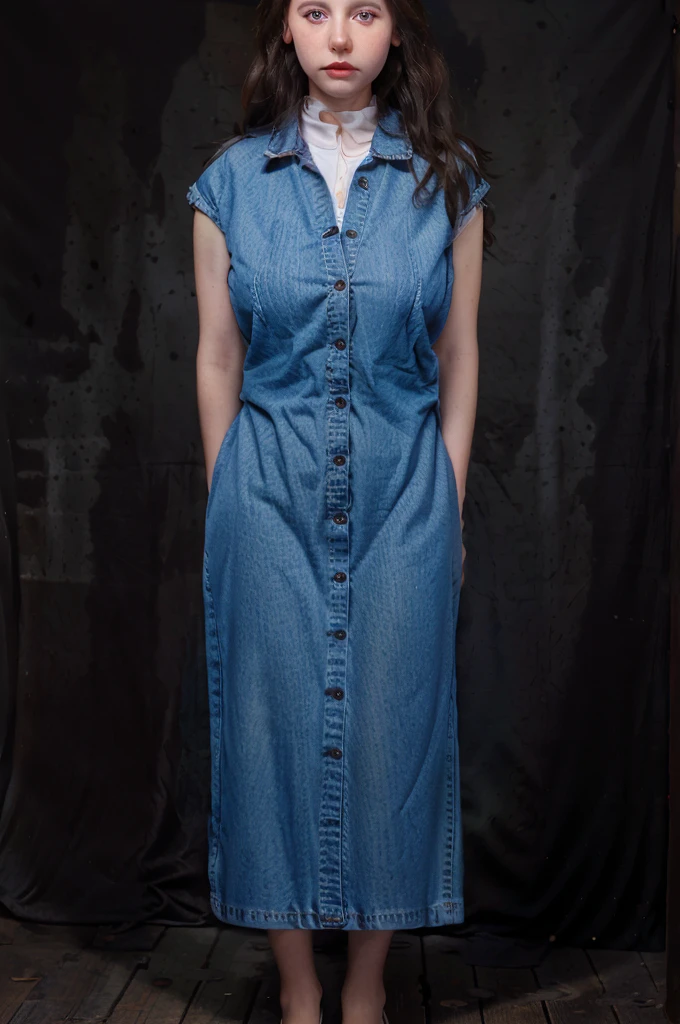 waist up potrait of french woman with white skins, blue eyes, dark brown hairs, wearing denim, slightly chubby, background dark studio, ultra realistic skins, ultra white skins, skins detailed, perfect eyes, eyes detailed.