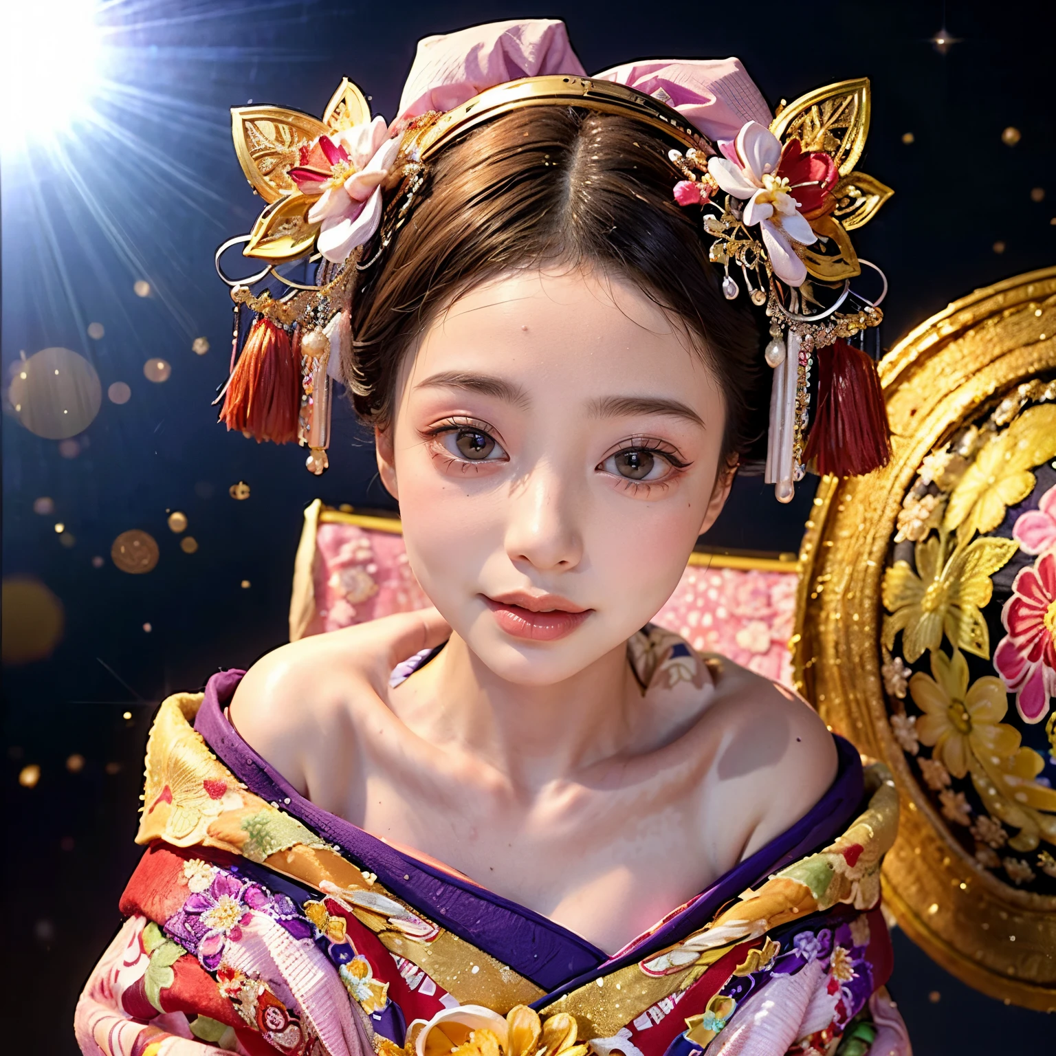 (PUNIPUNI clavicle KIMONO ((offshoulder)) KANZASHI FlowerHairpins Topknot TwinBun Oiran-Hair)High-level, 8K Masterpiece TopQuality, Ultra-detailed CG, Absurd detailed wallpaper, PerfectLighting, Extremely detailed (((Personifying " OIRAN " as a KAWAII Girl))), Characteristic Items, aesthetic LifeLike Rendering, MysticSight, Haze Tyndall Scattering, (Studio DARK Background with (Oodles Dazzling Iridescent 🌈Particles (BokeH))), (((Assfocus)) RoundlyButt) ThighGap, (Exposed:0.44) 🔞 BREAK (Acutance:0.8), (NOGIZAKA FaceVariations) Extremely Detailed very KAWAII FaceVariations, Childish CaptivatingGaze ElaboratePupils ParfectEyes with (SparklingHighlights:1.28), (Voluminous LongEyelashes:0.88), 💄💋✨ GlossyRedLips with BeautifulDetails, CoquettishTongue, PUNIPUNI RosyCheeks, Radiant PearlSkin with Transparency, Glowing DowneyHair . { (Dynamic LifeLike expressions:1.4) | (:d) }, (large eyes:-1) .