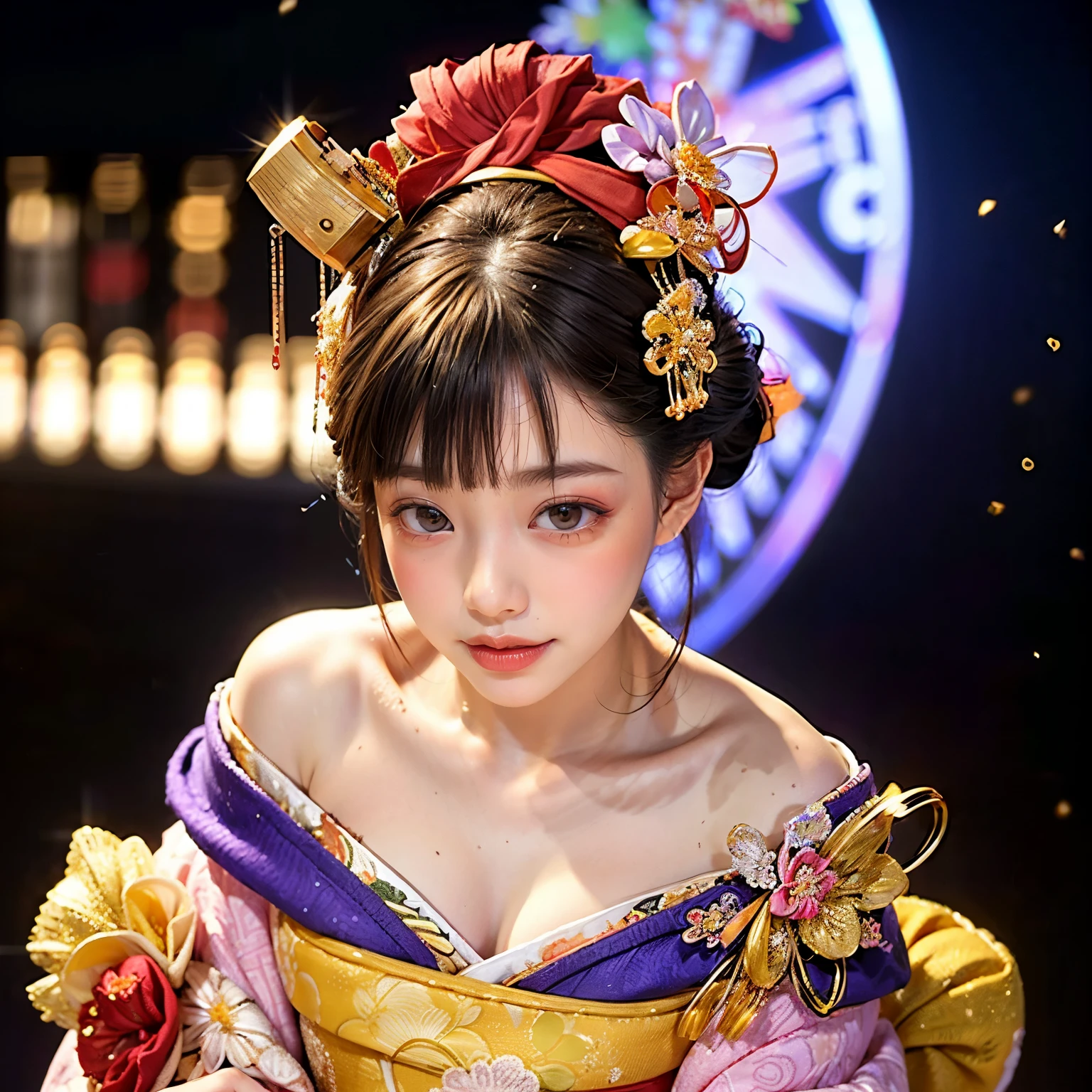 (PUNIPUNI clavicle KIMONO ((offshoulder)) KANZASHI FlowerHairpins Topknot TwinBun Oiran-Hair)High-level, 8K Masterpiece TopQuality, Ultra-detailed CG, Absurd detailed wallpaper, PerfectLighting, Extremely detailed (((Personifying " OIRAN " as a KAWAII Girl))), Characteristic Items, aesthetic LifeLike Rendering, MysticSight, Haze Tyndall Scattering, (Studio DARK Background with (Oodles Dazzling Iridescent 🌈Particles (BokeH))), (((Assfocus)) RoundlyButt) ThighGap, (Exposed:0.44) 🔞 BREAK (Acutance:0.8), (NOGIZAKA FaceVariations) Extremely Detailed very KAWAII FaceVariations, Childish CaptivatingGaze ElaboratePupils ParfectEyes with (SparklingHighlights:1.28), (Voluminous LongEyelashes:0.88), 💄💋✨ GlossyRedLips with BeautifulDetails, CoquettishTongue, PUNIPUNI RosyCheeks, Radiant PearlSkin with Transparency, Glowing DowneyHair . { (Dynamic LifeLike expressions:1.4) | (:d) }, (large eyes:-1) .