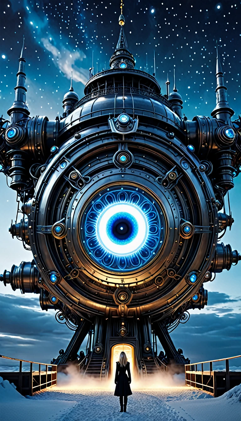 Surrealism, mysterious, bizarre, fantastical, fantasy, Sci-fi, the night engine that eats up the darkness, the macrocosmos of the heavenly world and the microcosmos of the earthly world correspond, a memorandum on memory style architecture, beautiful nordic standing,blue eyes,Huge breast,perfect voluminous body, detailed masterpiece Hyper realistic sharp focus cinematic lighting