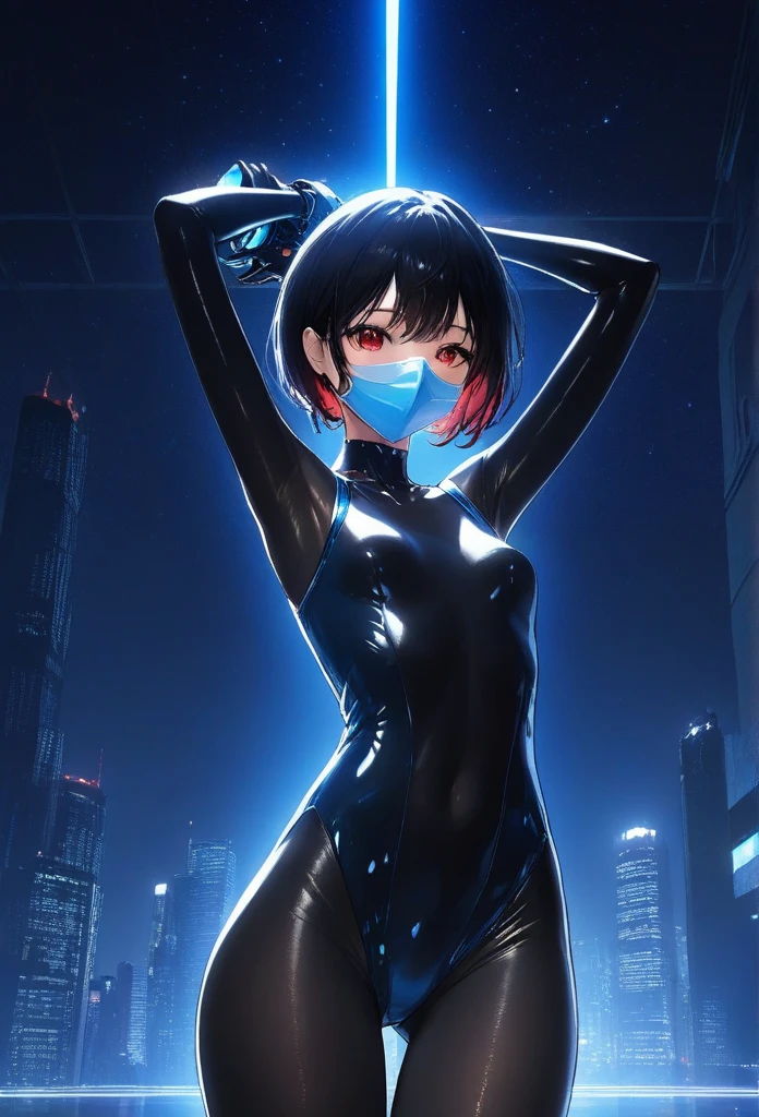 photo, high quality, (close-up shot of 1girl), to8contrast style,mechanical arms, cyborg, slime colored skin, liquid slime skin, arms up, face mask, slime girl, red eyes,(((alone in the darkness, night tokyo background, unlit, hard shadows, deep contrast))), pantyhose, blue lights, modelshoot style, small breasts,(extremely detailed CG unity 8k wallpaper), full body, most beautiful artwork in the world, trending on ArtStation, trending on CGSociety, Intricate, High Detail, Sharp focus, dramatic, night starry sky, painting art by midjourney and ilya kuvshinov,