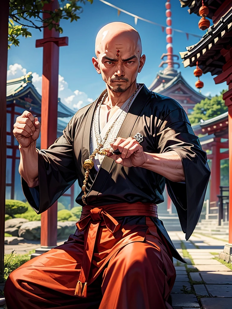 Highest quality,Highest Resolution,An old monk holding a rosary,Temple grounds,Japan,Skinhead,Crystal Jade,Kempo stance,Fighting Pose,